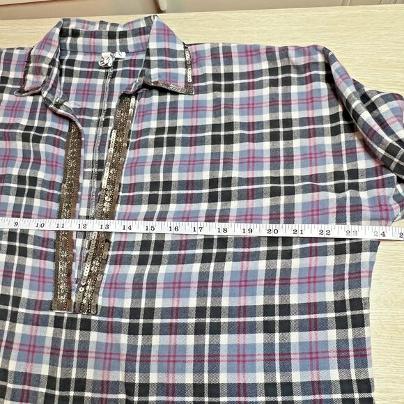Loobies Story Flannel Shirt Womens S Light Blue Black Sequined Deep V-Neck - Picture 9 of 11